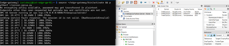 UaExpert browsing the OPC UA address space with live sensor values